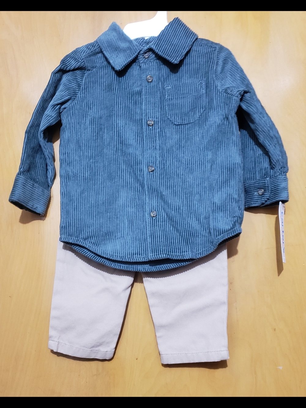 Kids Corduroy Button-Front Shirt & Neutral Pants Matching Set - Blue and Beige